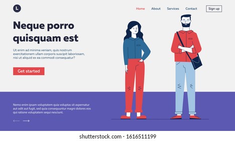 Young stylish couple. Bearded man and woman wearing trendy clothes flat vector illustration. People, millennials, fashion concept for banner, website design or landing web page