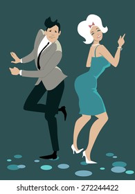 Young stylish couple dressed in late 1950s early 1960s fashion dancing the Twist, vector illustration, no transparencies, EPS 8 