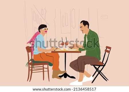 Young stylish couple having lunch while sitting together at restaurant terrace on the city street. Concept of leisure time, travel and lifestyle. Vector illustration