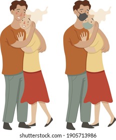 Young stylish couple man and woman giving a hug, wearing mask, vector illustration, isolated on white