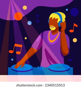 Young stylish DJ works in the club, creating music for dance. Concept of creating music on stage and hobby. Concert and disco concept. Flat vector illustration in cartoon style svg