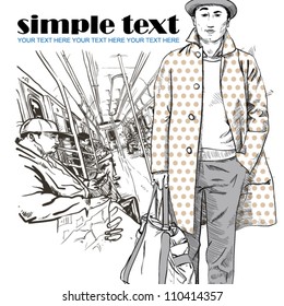 Young stylish dude in a train. Vector illustration.