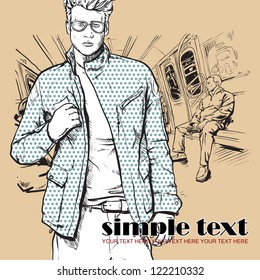 Young stylish dude in a train. Vector illustration.