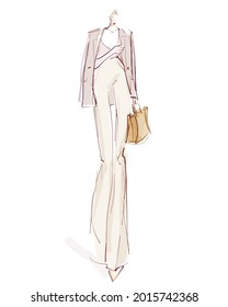 Young stylish elegant woman, model. Fashion illustration in sketch style. Vector