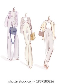 Young stylish elegant women, models. Fashion illustration in sketch style. Vector