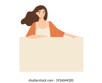 Young stylish female holding blank placard. Character for promotion, advertising, announcement, banner. Background for text messages. Flat vector illustration.