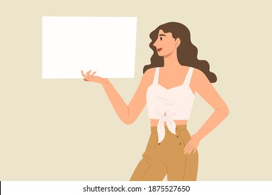 Young stylish female standing and holding white blank placard for massages. Empty space for advertising copy or announcement. Flat vector illustration character.