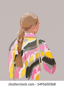 Young stylish girl with a braided braid, standing back in a multi-colored coat