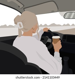 Young stylish girl driving a car, view from the inside. Girl with cup of coffee in hand, flat vector illustration.