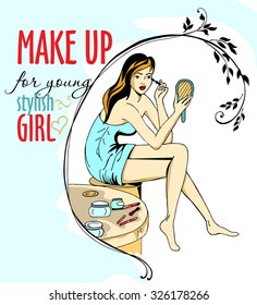 Young stylish girl makes make-up in blue dress in floral frame with red title on the left