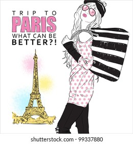 Young stylish girl on a eiffel tower background. Vector illustration
