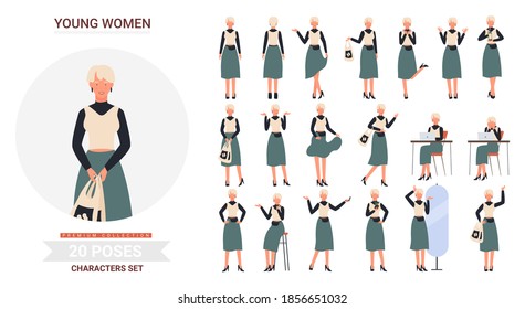 Young stylish girl poses vector illustration set. Cartoon beautiful fashionable woman character posing in front side or back views, various postures of pretty blonde lady fashionista isolated on white