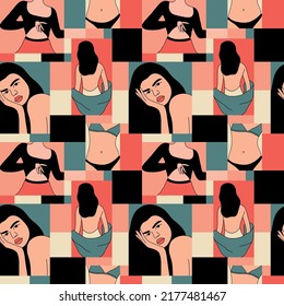 Patrón elegante de chicas jóvenes sin costura. Cara y partes del cuerpo, hermoso retrato de mujer. La mano dibujó un fondo moderno. El maquillaje brillante. Decoración textil, papel de envoltura, papel pintado. Impresión o tejido de vectores