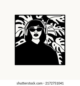 Young stylish girl with sunglasses and Headphones. Portrait of beautiful lady. Monstera plant at background. Black and white square Hand drawn modern Vector illustration. Poster, print, logo template 