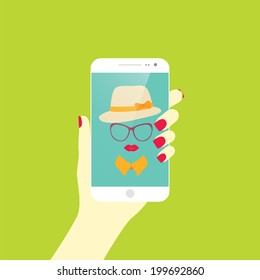 Young stylish girl taking self photo icon. Selfie.Vector illustration