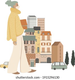 Young stylish girl walking on the street, wearing mask, vector illustration, isolated on white