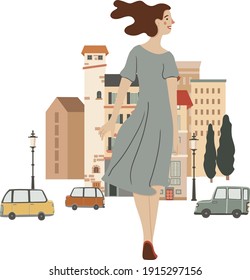 Young stylish girl walking on the street, vector illustration, isolated on white