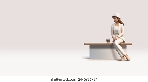 Young stylish girl, woman sitting on bench with coffee, 3D. For the concept of lifestyle, recreation, fashion, business. Vector