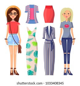 Young stylish girls with modern summer clothes set. Long dress, checkered shirt, classic red skirt and striped suit isolated vector illustrations set.