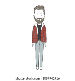 Young stylish guy in black T-shirt male color element texture hipster men vector boy beard man woodcutter in red jacket character father friend student person full-length on white background