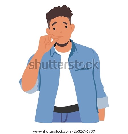 Young stylish guy cartoon character expressing secrecy zipping locked mouth promising to keep privacy and silence gesturing trustworthy hand sign vector illustration isolated on white background
