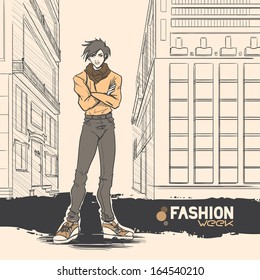 The young stylish handsome boy stands on crossroad. High buildings are behind man. Urban panorama.Yellow and brown colors. Comic style, vector./Series Urban fashion. Autumn, winter. 