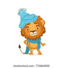 Young stylish lion cartoon character wearing winter hat and scarf. Animal with lush mane. Flat design vector illustration isolated on white.