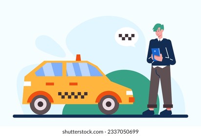 Young stylish male order car via smartphone. Taxi on way to client. Online car order via smartphone. Vector flat illustration in green and yellow colors in cartoon style