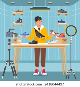 Young stylish man do live video on social media to sell shoes and sneaker online shop store 1 vector illustration flat