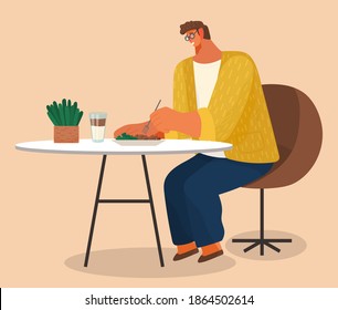 Young stylish man in glasses sitting on soft armchair at home at a table eating salad vector illustration. Male character having lunch in a restaurant. A lonely visitor has dinner in a cafe