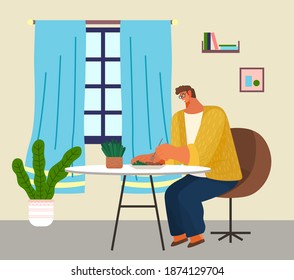 Young stylish man in glasses sitting on soft armchair at home at a table eating salad vector illustration. Male character having lunch in a restaurant or cafe. Spending time at home, household dinner