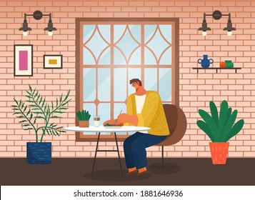 Young stylish man in glasses sitting at a table eating salad vector illustration. Male character having lunch in cozy restaurant with brick wall in the interior. A lonely visitor has dinner in a cafe