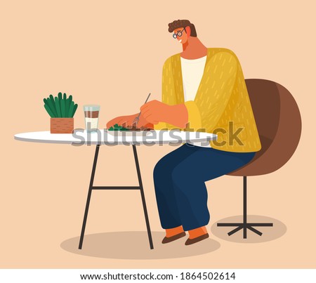 Young stylish man in glasses sitting on soft armchair at home at a table eating salad vector illustration. Male character having lunch in a restaurant. A lonely visitor has dinner in a cafe
