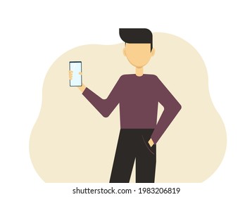 Joven elegante sosteniendo un teléfono móvil en la mano. Ilustración del vector