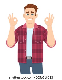 Young stylish man making okay sign. Trendy person showing or gesturing OK or cool with fingers. Male character design illustration. Modern lifestyle, human emotions concept in vector cartoon style.