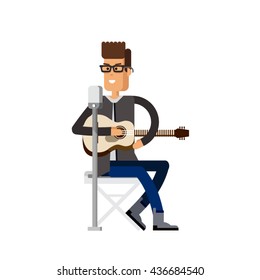 Young stylish man playing guitar and sings a song. Vector illustration of musician character isolated on white background. Pop country singer. Front man.
