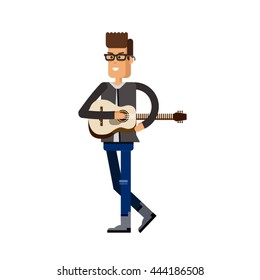 Young stylish man playing guitar and sings a song. Vector illustration of musician character isolated on white background. Pop country singer. Front man.