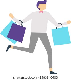 Young stylish man running and holding shopping bags after purchasing goods in store, enjoying seasonal sales and discounts, expressing positive emotions, happy customer with purchase