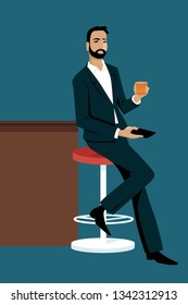 Young stylish man sitting at a bar with a drink and a smart-phone in his hands, alone, EPS 8 vector illustration
