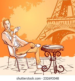 Young stylish man sitting in the street cafe in Paris and enjoying his morning coffee. EPS10 vector illustration.