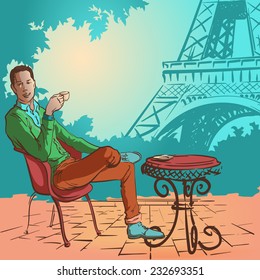 Young stylish man sitting in the street cafe in Paris and enjoying his morning coffee. EPS10 vector illustration.