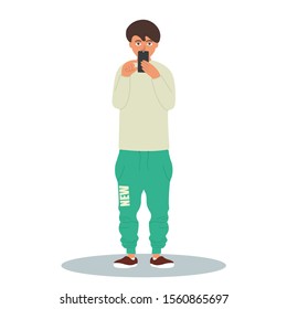 Young stylish man taking a photo with his smartphone.Vector illustration on white background in cartoon style