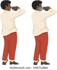 Young stylish man taking photo, wearing mask, vector illustration, isolated on white