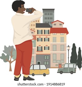 Young stylish man taking photo on the street, vector illustration, isolated on white