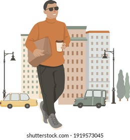 Young stylish man walking on the street, holding cup, drinking coffee, vector illustration, isolated on white