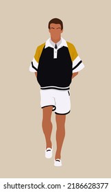 Young stylish man wearing modern street style fashion summer outfit standing or walking. Cartoon style vector art illustration isolated.