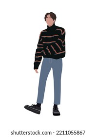 Der junge, stilvolle Mann, der moderne Straßenmode trägt - Jeans, Pullover und Turnschuhe. Intelligente Büroausführung. Schöner männlicher Charakter, Vektorgrafik realistisch, einzeln auf weißem Hintergrund.