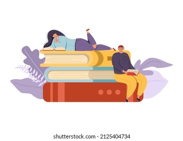 Young stylish man and woman are sitting and lying on a stack of giant books and reading.