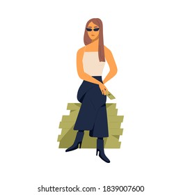 Young Stylish Millionaire Woman Sitting On Large Pile Of Money. Concept Of Richness And Wealth. Modern Rich Arrogant Female Character. Flat Vector Cartoon Illustration Isolated On White