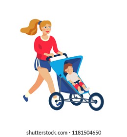 Young stylish Mother running with baby in stroller. Young mother jogging with baby carriage and. Cartoon style vector illustration.